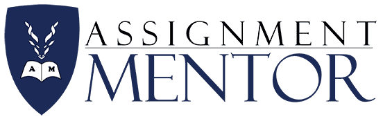 Navy shield with an open book and wheat stalks icon, paired with elegant “Assignment Mentor” text in deep blue color.