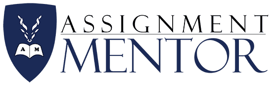 Navy shield with an open book and wheat stalks icon, paired with elegant “Assignment Mentor” text in deep blue color.