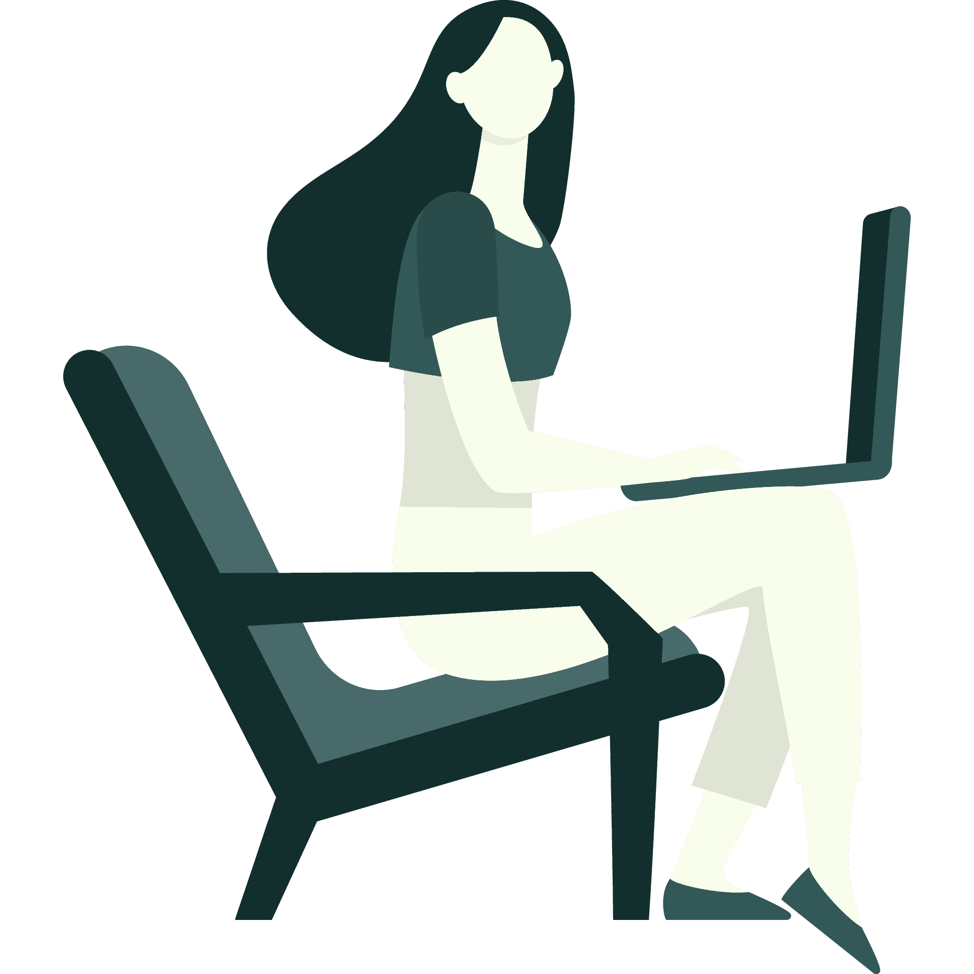 Illustration of a woman with long hair sitting on a chair using a laptop, focused and working comfortably.