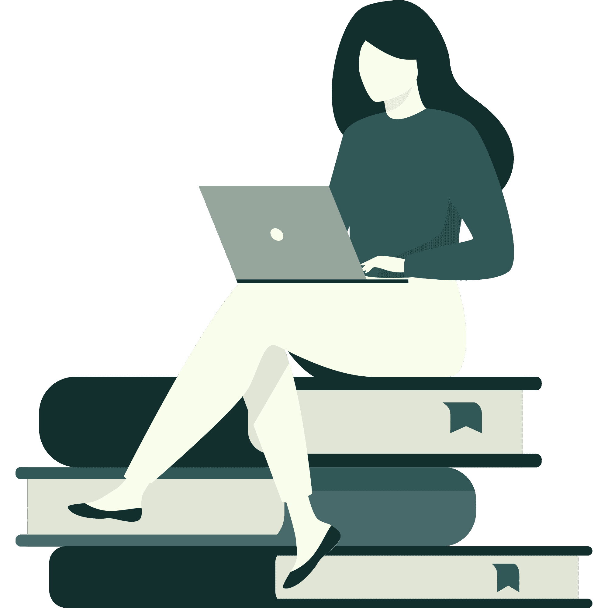 Illustration of a woman sitting on stacked books while using a laptop, symbolizing online learning or academic research.
