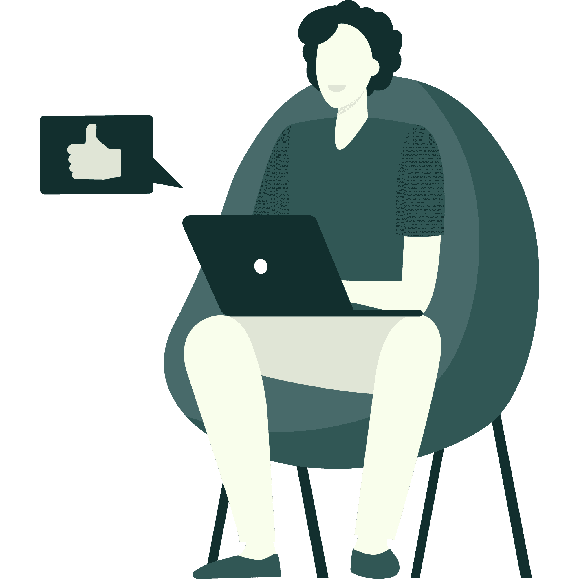 Illustration of a person sitting on a chair using a laptop, with a thumbs-up icon in a speech bubble nearby.