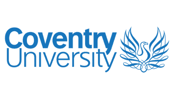 Coventry University logo with blue text and an abstract phoenix symbol to the right, representing growth and knowledge.