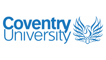 Coventry University logo with blue text and an abstract phoenix symbol to the right, representing growth and knowledge.