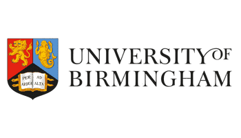 University of Birmingham logo featuring a shield with a lion, unicorn, and open book alongside bold black text.