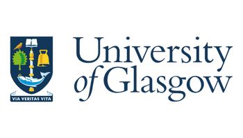University of Glasgow logo with a detailed crest featuring symbols and the motto "Via Veritas Vita" beside elegant blue text.