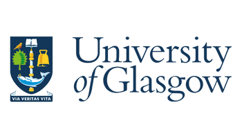 University of Glasgow logo with a detailed crest featuring symbols and the motto "Via Veritas Vita" beside elegant blue text.