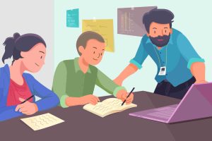 Illustration of a tutor assisting students with writing tasks, symbolizing personalized essay writing help and academic support.