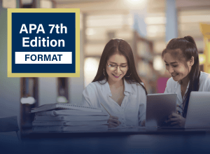 Two students studying together with text overlay APA style 7th Edition Format in a blue and yellow box.