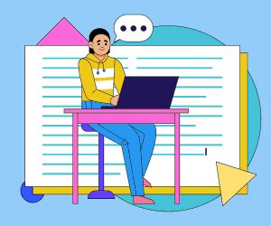 Student working on a laptop with large text in the background, representing custom essay writing and personalised academic help.