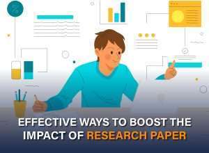 Illustration of a person working at a desk with charts and data visuals around them, symbolizing effective ways to boost the impact of research paper.