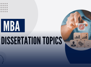 Graphic showing MBA Dissertation Topics with icons representing digital marketing concepts like targeting, analytics, and strategy.
