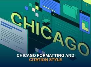 Illustration of Chicago style ,formatting and citation style with digital folders, documents, and the word Chicago in bold letters.