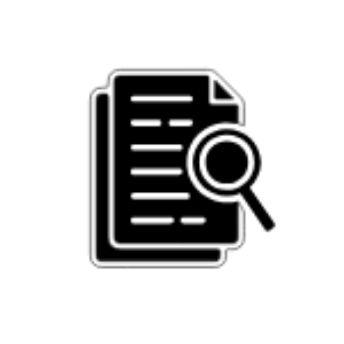 Black icon of a document with horizontal lines and a magnifying glass over it, symbolizing search, review, or inspection.