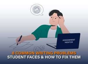 Frustrated student writing at a desk with a laptop, showing 8 Common Writing Problems Students Face & How to Fix Them.