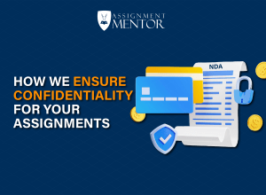 Graphic showing documents, a credit card, a shield with a checkmark, and coins, alongside the text How We Ensure Confidentiality policy for Your Assignments, emphasizing data security and privacy.