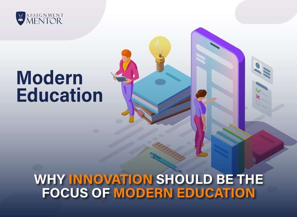 Illustration of people interacting with digital learning tools and books, with the text “Modern Education” and Why Innovation Should Be the Focus of Modern Education highlighted.