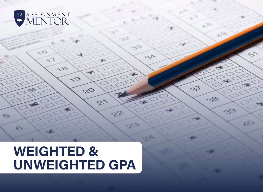 Close-up of a pencil resting on a multiple-choice answer sheet, with text overlay reading Weighted and Unweighted GPA, representing academic grading systems.