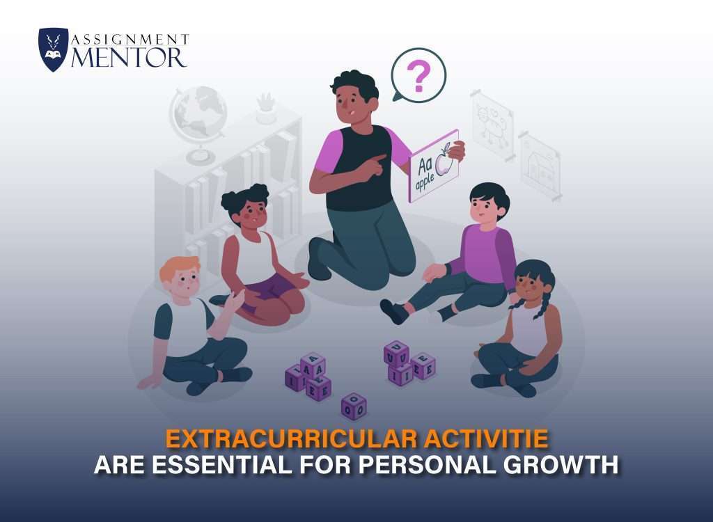 Illustration of students participating in a group activity led by a mentor, with text reading Extracurricular Activities Are Essential for Personal Growth.