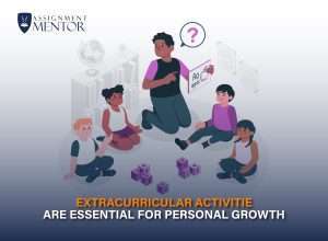 Illustration of students participating in a group activity led by a mentor, with text reading Extracurricular Activities Are Essential for Personal Growth.