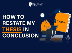 Illustration with colorful book and student and text about thesis statement conclusion, focusing on how to restate a thesis in a conclusion."