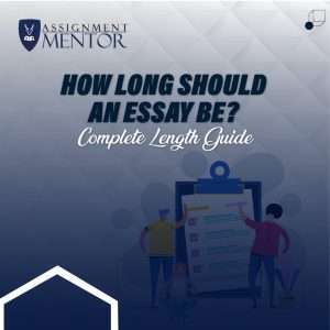 The image shows a guide on essay length with a title How Long Should an Essay Be? Complete Length Guide and includes illustrations of people working.