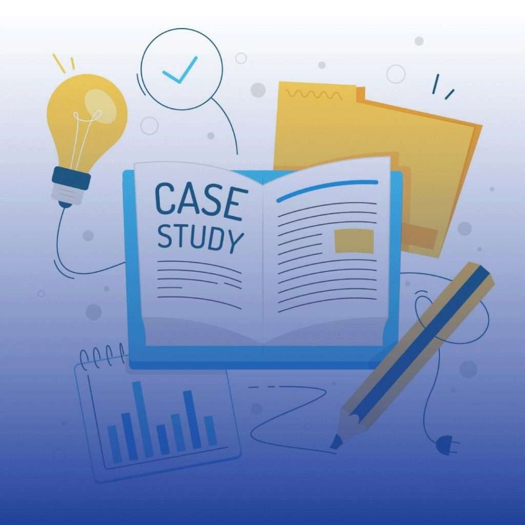 Illustration of an open CASE STUDY book with a light bulb, pencil, folder, and bar graph, symbolizing case study writing.