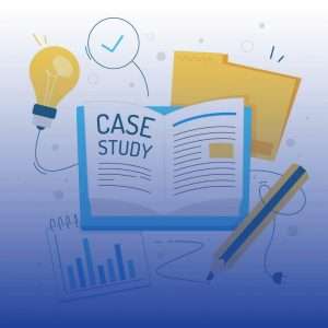 Illustration of an open CASE STUDY book with a light bulb, pencil, folder, and bar graph, symbolizing case study writing.