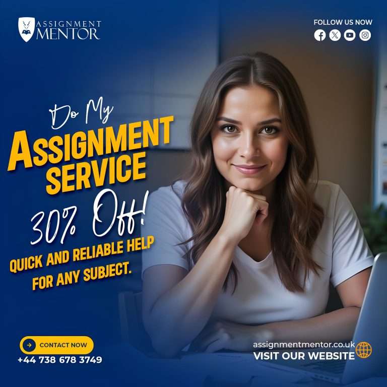Do My Assignment Help promotional banner by Assignment Mentor featuring a smiling student with laptop, offering 30% off academic writing services.