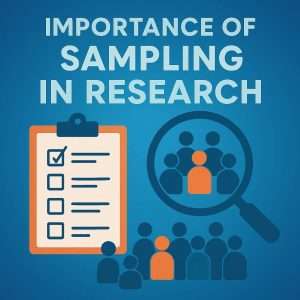 Flat design showing a checklist, magnifying glass on people icons, and text Importance of Sampling in Research on blue gradient.