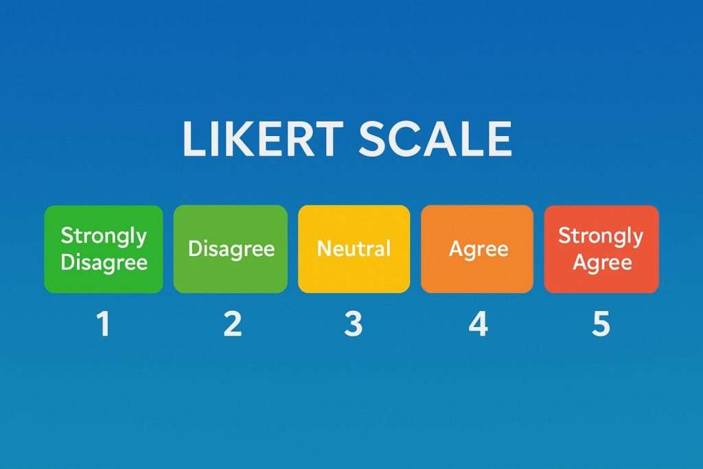 A Likert scale graphic with a bluish gradient background, showing response options from strongly disagree to strongly agree.