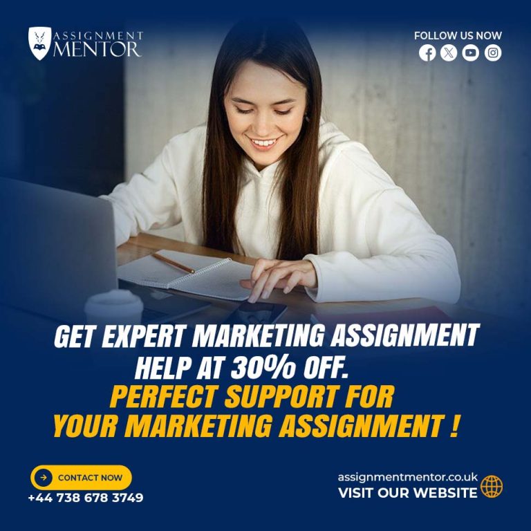 Student studying with laptop and notes, promoting 30% off expert marketing assignment help and support from Assignment Mentor.