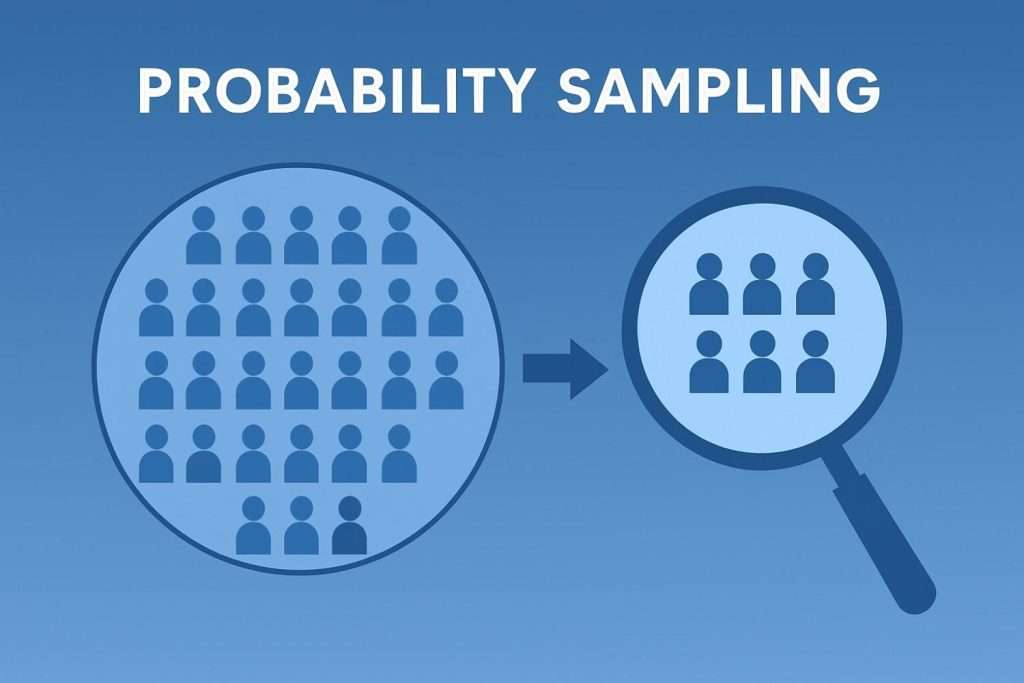 Infographic showing probability sampling with a group of people selected through a magnifying glass on a blue gradient background.