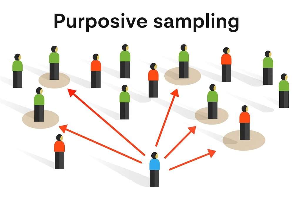 Illustration of purposive sampling showing a blue figure selecting specific individuals from a group using red arrows.