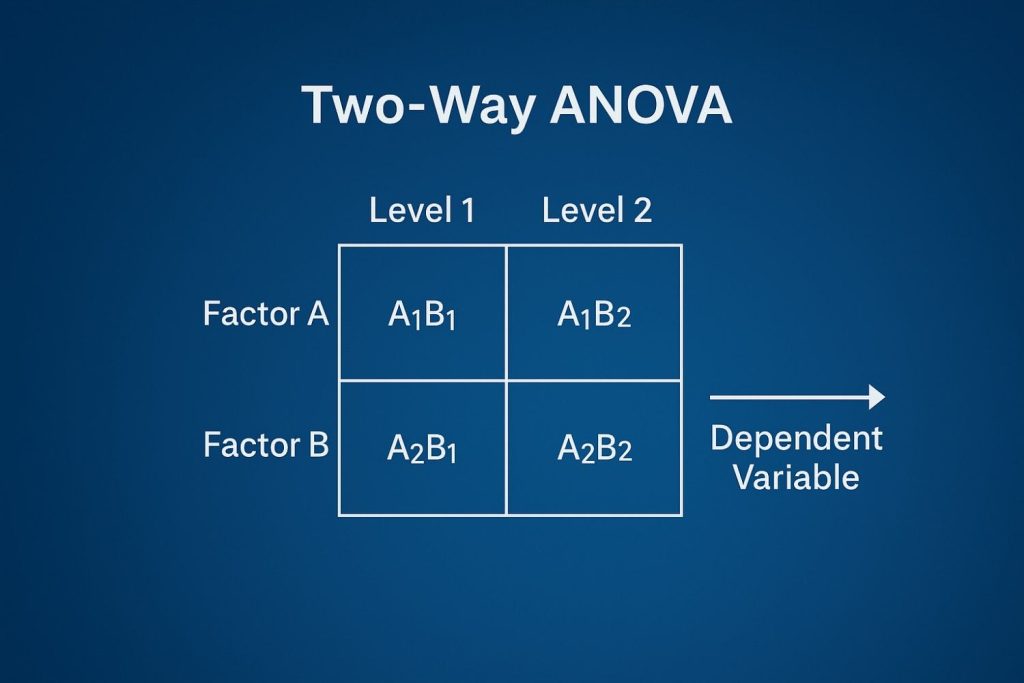 Two-way ANOVA diagram with Factor A and Factor B levels in a 2x2 grid, blue gradient background, showing effect on dependent variable.