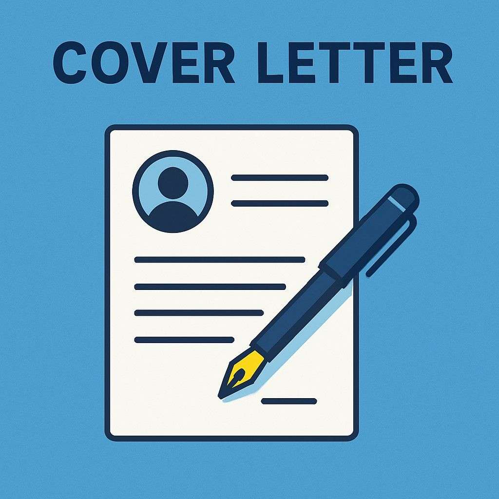 Illustration of a cover letter document with a fountain pen on a bluish background, symbolizing job application and professionalism.