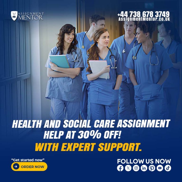 Health and Social Care assignment help promotion offering 30% off with expert support, featuring medical students in scrubs.