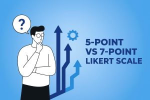 Illustration of a thoughtful man with arrows and gears in the background, showing text 5-Point vs 7-Point Likert Scale on a blue gradient background.