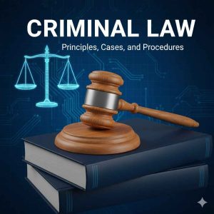 A graphic book cover for a 'Criminal Law' textbook. The design has a strong blue theme, illustrating legal concepts with a gavel and balance scales above a stack of books.
