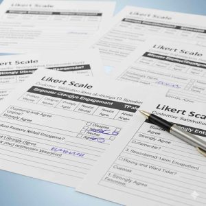 Printed Likert scale questionnaires with checkboxes and handwritten answers, used for customer satisfaction and feedback surveys.