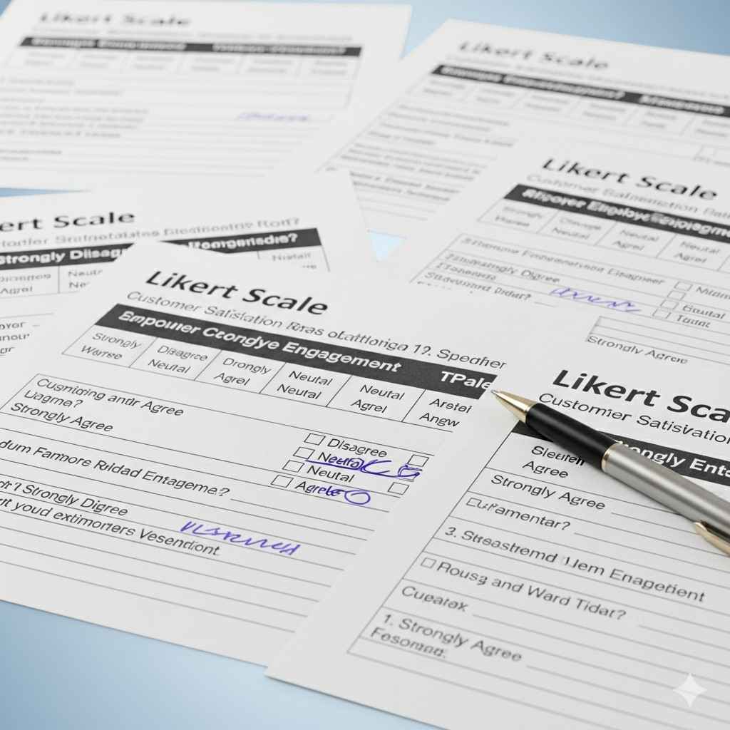 Printed Likert scale questionnaires with checkboxes and handwritten answers, used for customer satisfaction and feedback surveys.