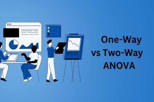 Illustration of people analyzing data with charts and graphs in blue-themed office setting, with text One-Way vs Two-Way ANOVA on bluish gradient background.