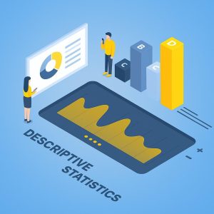 Descriptive Statistics illustration showing charts, graphs, and people analyzing data for visual representation and summary insights.