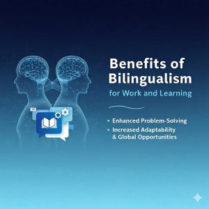 Illustration showing two connected human brains with icons, highlighting the cognitive and career benefits of bilingualism for work and learning.