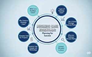 Professional team reviewing documents and charts while planning a business case to ensure strong strategy, clarity, and project success.