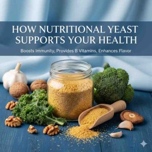 Nutritional yeast flakes displayed as a healthy supplement that supports immunity, boosts energy, and improves overall wellness naturally.