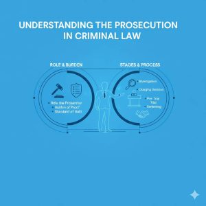 A courtroom scene showing a prosecutor presenting evidence, illustrating the legal process and key roles in criminal law prosecution.
