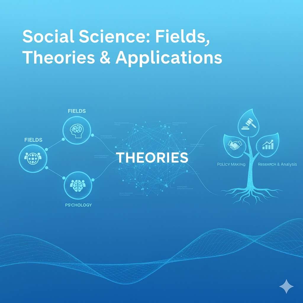 Illustration showing key fields, major theories, and practical applications of Social Science to explain human behaviour and society.