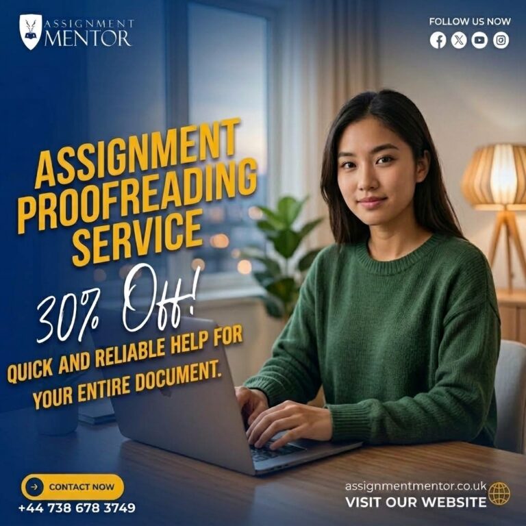Assignment Proofreading Service: Digital marketing graphic featuring a female student working on a laptop, offering 30% off.